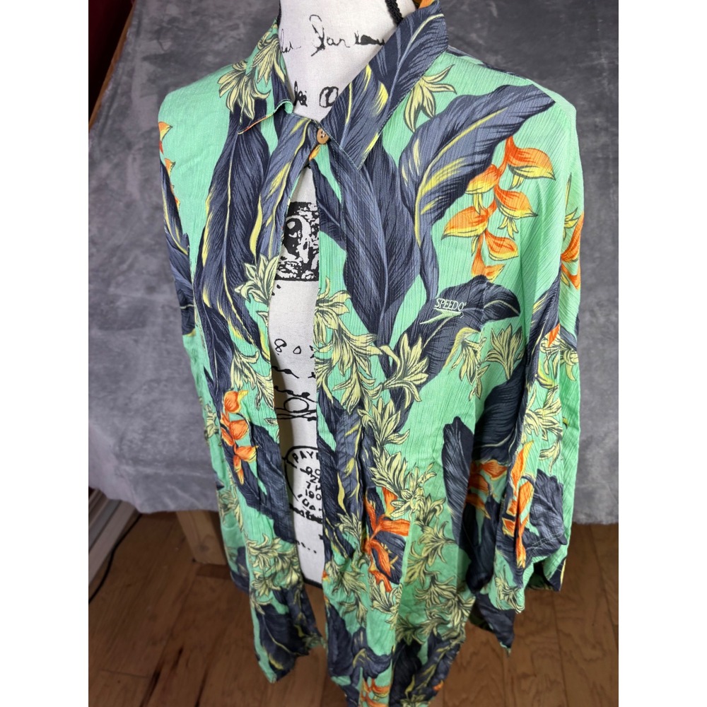 Speedo Tropical Hawaiian Shirt Women Large Green Rayon Floral open front Aloha